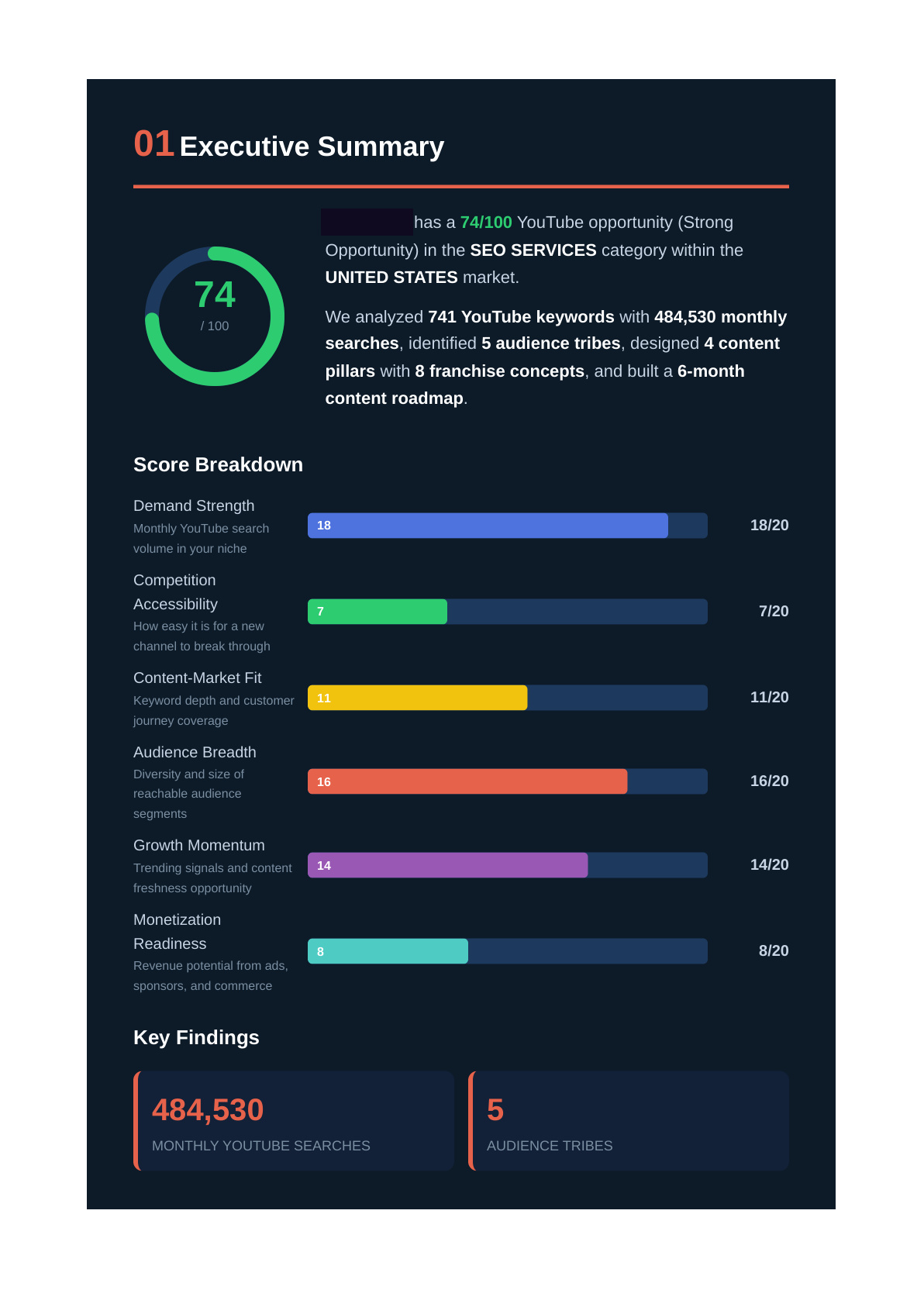 YouTube brand strategy executive summary with opportunity score